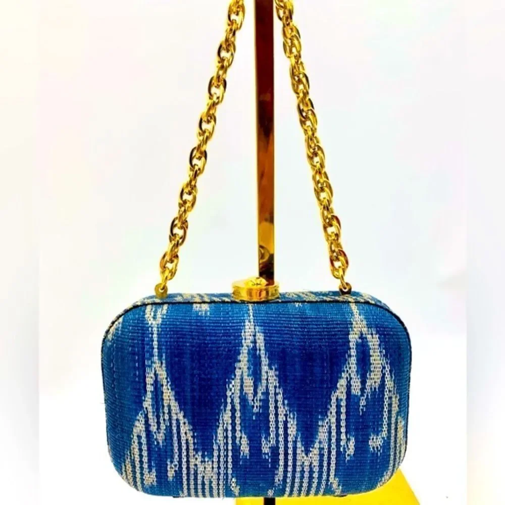 Auth Rafe Minaudière Beaded Boho Canvas Box Clutch Gold-Tone Chainlink Strap